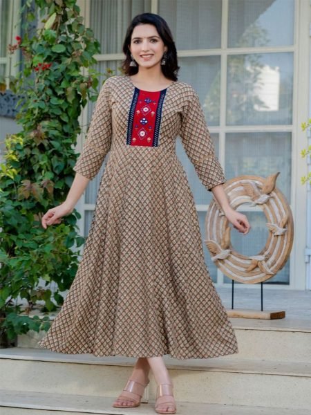 Rayon Brown Color Designer Printed  Readymade Anarkali Gown  Printed Kurtis