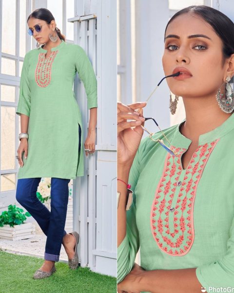 Rayon Embroidery Work Short Top Embroidery Kurtis 