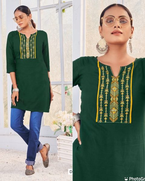 Rayon Embroidery Work Short Top Embroidery Kurtis 