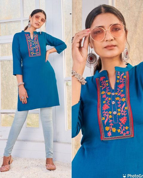 Rayon Embroidery Work Short Top Embroidery Kurtis 