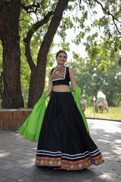 Rayon Festive Wear Black Lehenga In Kutchi Gamthi Mirror Work Navratri Lehnega Choli