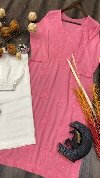 Rayon Kurta Pant Set With Cotton Thread Embroidery Work  Kurti With Bottom Wholesale