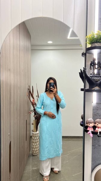 Rayon Kurta Pant Set With Cotton Thread Embroidery Work  Kurti With Bottom Wholesale