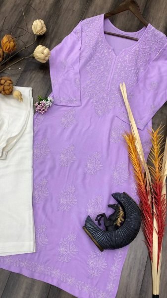 Rayon Kurta Pant Set With Cotton Thread Embroidery Work  Kurti With Bottom Wholesale