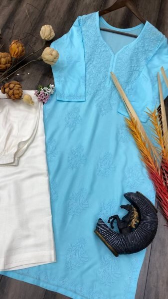 Rayon Kurta Pant Set With Cotton Thread Embroidery Work  Kurti With Bottom Wholesale