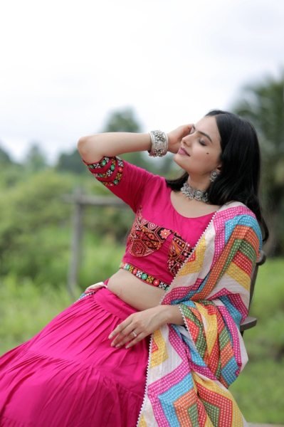 Rayon Navratri Ready to Wear Lehenga in Pink with Embroidery Work Navratri Lehnega Choli