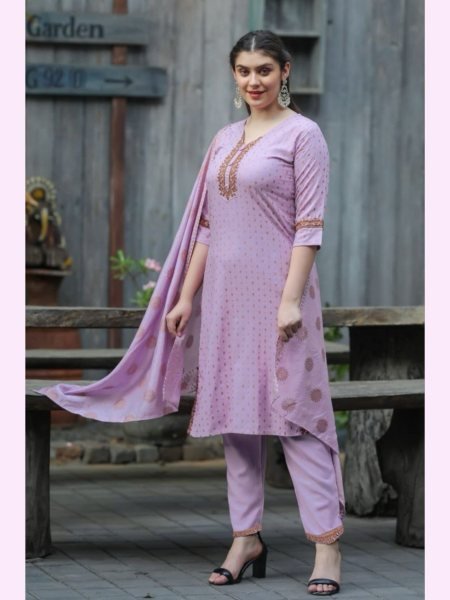 RAYON WITH NECK EMBROIDERY WORK READYMADE SUITS SET 3 Piece Kurti Set