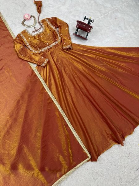 Designer Fendi Silk Anarkali with Dupatta Set Thread & Sequin Work Party Wear Anarkali Gown at Low Price Anarkali Kurtis 