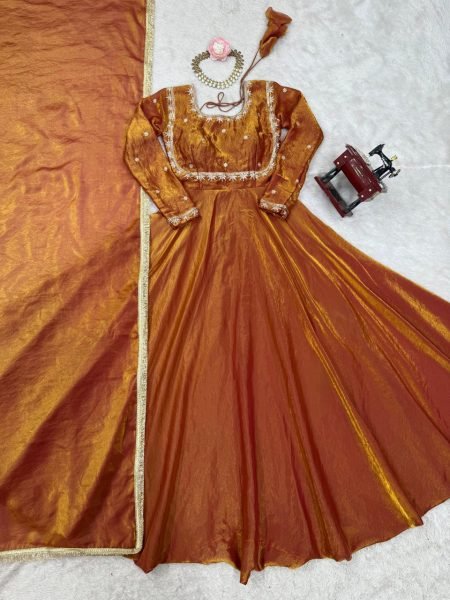 Designer Fendi Silk Anarkali with Dupatta Set Thread & Sequin Work Party Wear Anarkali Gown at Low Price Anarkali Kurtis 