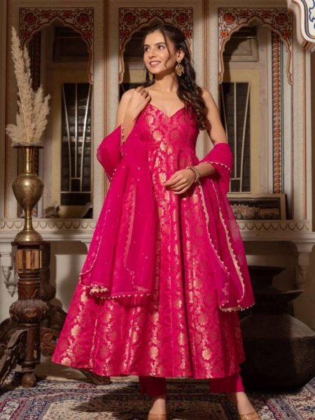 Ready to Wear 2025 Jacquard Anarkali Gown Heavy Weave Top with Micro Pant Net Dupatta Set Best Price 