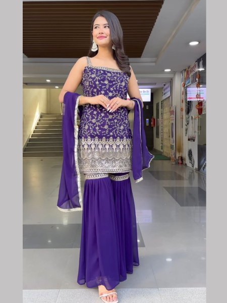 Ready to Wear 3 Piece Sharara Suit Set for Women Heavy Embroidered Fox Georgette Top Sharara & Dupatta Latest Designer Party Wear at Wholesale Price 