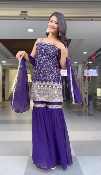 Ready to Wear 3 Piece Sharara Suit Set for Women Heavy Embroidered Fox Georgette Top Sharara & Dupatta Latest Designer Party Wear at Wholesale Price Ready To Wear Collection