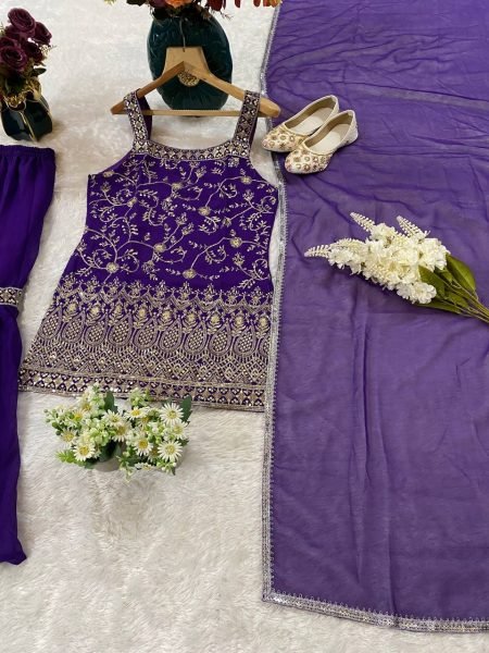 Ready to Wear 3 Piece Sharara Suit Set for Women Heavy Embroidered Fox Georgette Top Sharara & Dupatta Latest Designer Party Wear at Wholesale Price Ready To Wear Collection