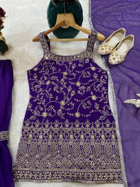 Ready to Wear 3 Piece Sharara Suit Set for Women Heavy Embroidered Fox Georgette Top Sharara & Dupatta Latest Designer Party Wear at Wholesale Price Ready To Wear Collection