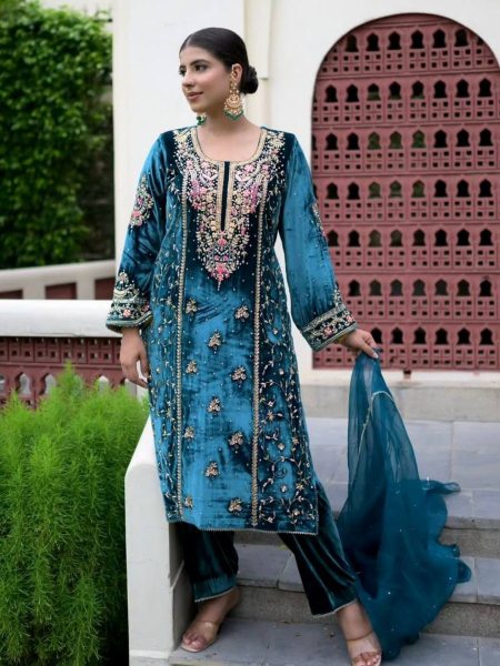 Ready to Wear  blue Heavy Viscos Velvet Palazzo Set with Tibby Organza Dupatta Ready To Wear Suit