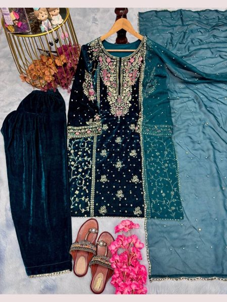 Ready to Wear  blue Heavy Viscos Velvet Palazzo Set with Tibby Organza Dupatta Ready To Wear Collection