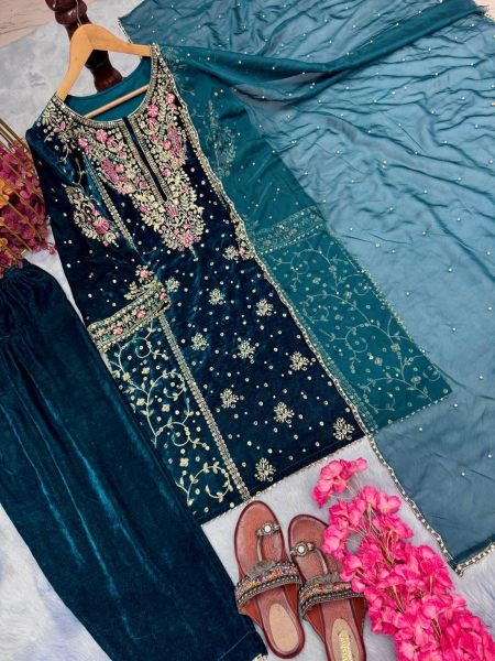 Ready to Wear  blue Heavy Viscos Velvet Palazzo Set with Tibby Organza Dupatta Ready To Wear Collection