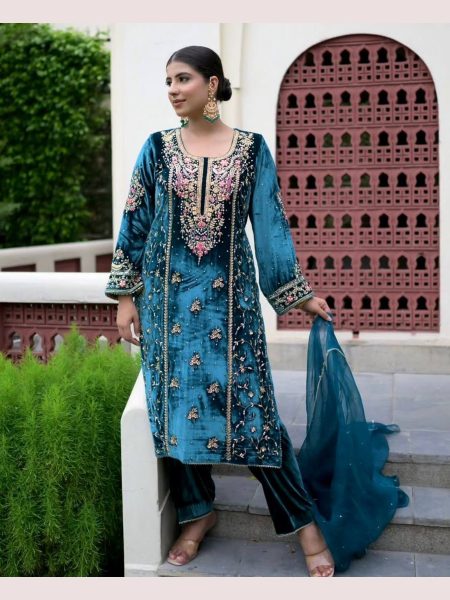 Ready to Wear  blue Heavy Viscos Velvet Palazzo Set with Tibby Organza Dupatta Ready To Wear Collection