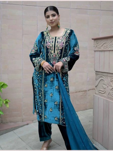 Ready to Wear  blue Heavy Viscos Velvet Palazzo Set with Tibby Organza Dupatta Ready To Wear Collection