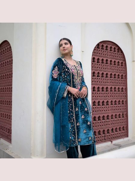 Ready to Wear  blue Heavy Viscos Velvet Palazzo Set with Tibby Organza Dupatta Ready To Wear Collection