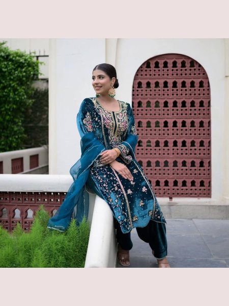 Ready to Wear  blue Heavy Viscos Velvet Palazzo Set with Tibby Organza Dupatta Ready To Wear Collection