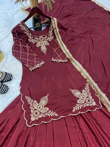 Premium Crepe Silk Kurta Lehenga Dupatta Combo Handcrafted Beads Embroidery for Luxe Wedding Look Ready To Wear Collection
