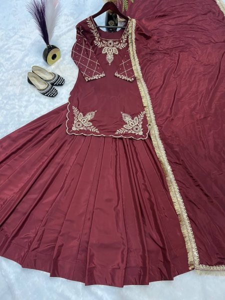 Premium Crepe Silk Kurta Lehenga Dupatta Combo Handcrafted Beads Embroidery for Luxe Wedding Look Ready To Wear Collection