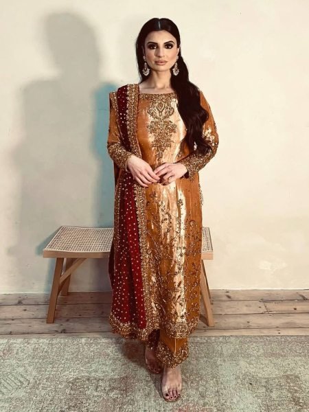 Ready To Wear Festive Wear Copper Jimmy Choo Embroidery Kurta Set Fancy Peach Suit with Maroon Dupatta 