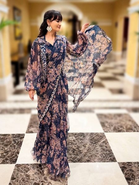 Trendy Draped Georgette Saree with Embroidered Mirror Jacket Party Ready Style 
