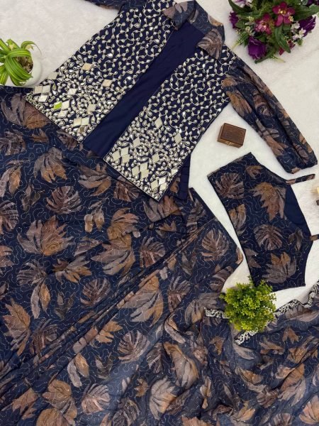 Trendy Draped Georgette Saree with Embroidered Mirror Jacket Party Ready Style Ready To Wear Saree 