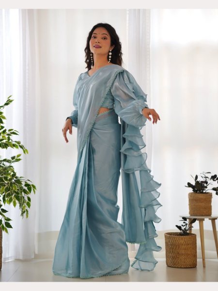 Ready to Wear Lite Blue  Jimmy Choo Organza Ruffle Saree Ready To Wear Saree 