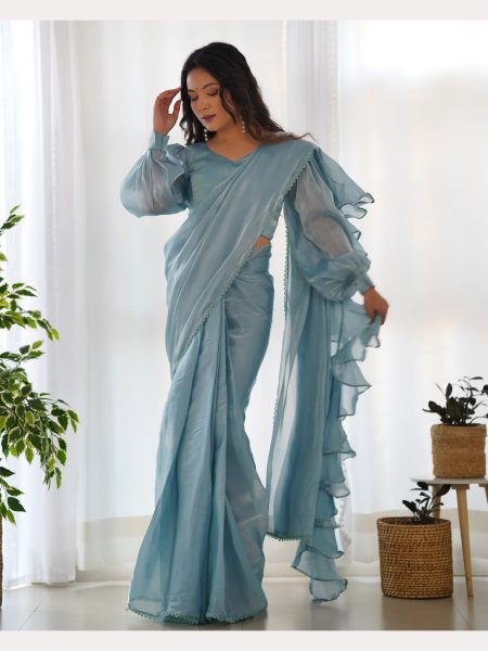 Ready to Wear Lite Blue  Jimmy Choo Organza Ruffle Saree Ready To Wear Saree 