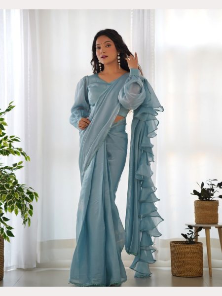 Ready to Wear Lite Blue  Jimmy Choo Organza Ruffle Saree Ready To Wear Saree 