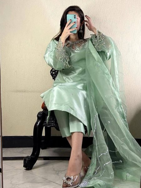 Ready to Wear Moss Satin Suit with Beads Work &  Organza Dupatta Pista Green  