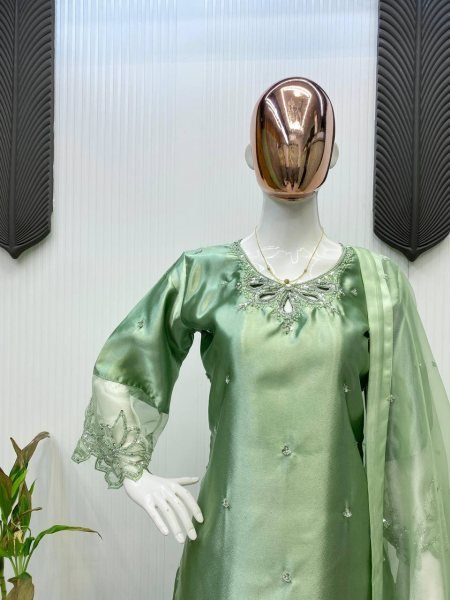 Ready to Wear Moss Satin Suit with Beads Work &  Organza Dupatta Pista Green  Ready To Wear Collection