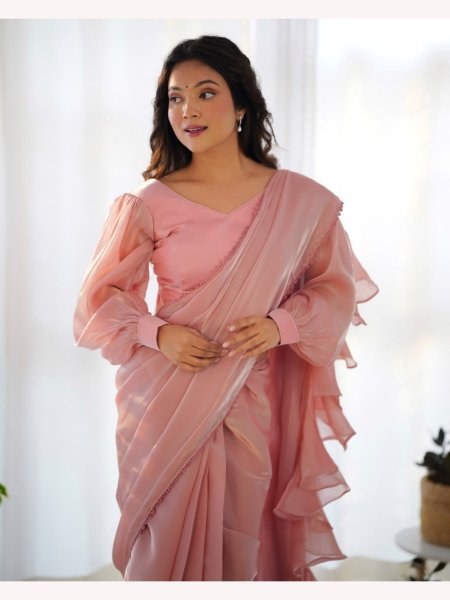 Ready to Wear Peach  Jimmy Choo Organza Ruffle Saree Ready To Wear Saree 