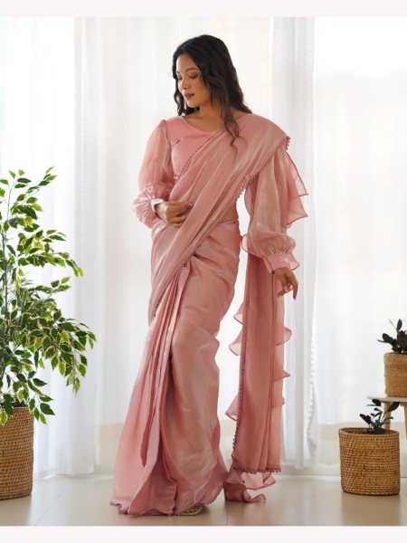 Ready to Wear Peach  Jimmy Choo Organza Ruffle Saree Ready To Wear Saree 