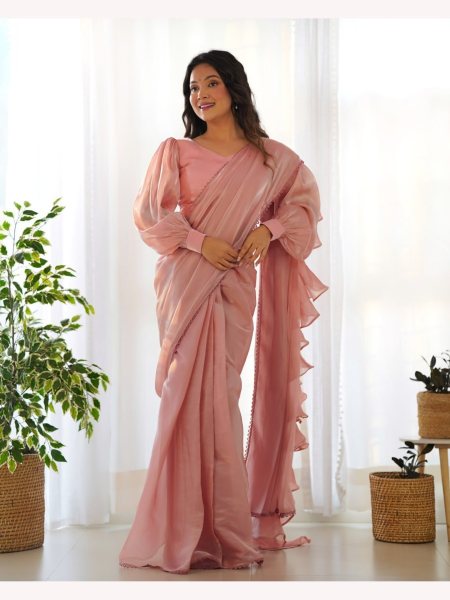 Ready to Wear Peach  Jimmy Choo Organza Ruffle Saree Ready To Wear Saree 