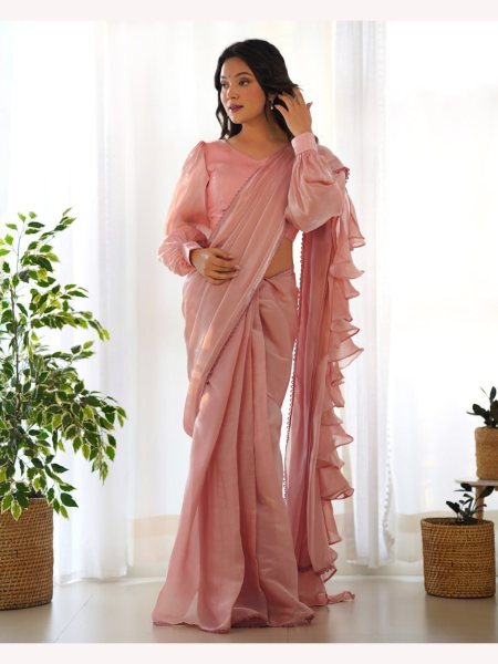 Ready to Wear Peach  Jimmy Choo Organza Ruffle Saree Ready To Wear Saree 