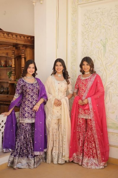 Ready to Wear wine  Kurti Gharara in Viscose Jacquerd  and Embroidery Sequence work with Russion Silk Dupatta  Sharara Set