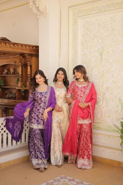 Ready to Wear wine  Kurti Gharara in Viscose Jacquerd  and Embroidery Sequence work with Russion Silk Dupatta  Sharara Set