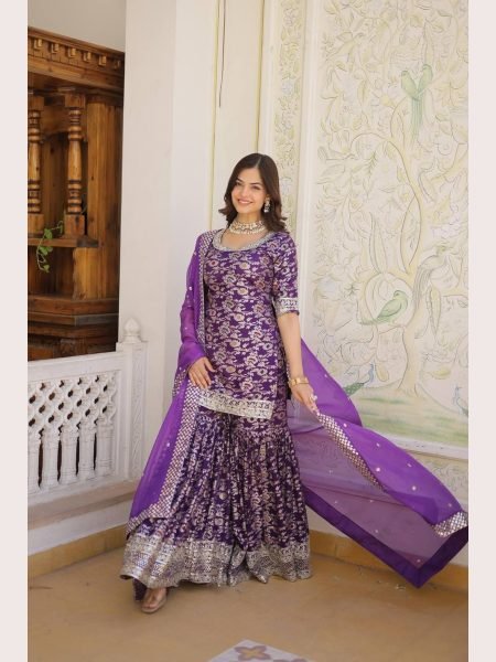 Ready to Wear wine  Kurti Gharara in Viscose Jacquerd  and Embroidery Sequence work with Russion Silk Dupatta  Sharara Set