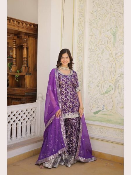 Ready to Wear wine  Kurti Gharara in Viscose Jacquerd  and Embroidery Sequence work with Russion Silk Dupatta  Sharara Set