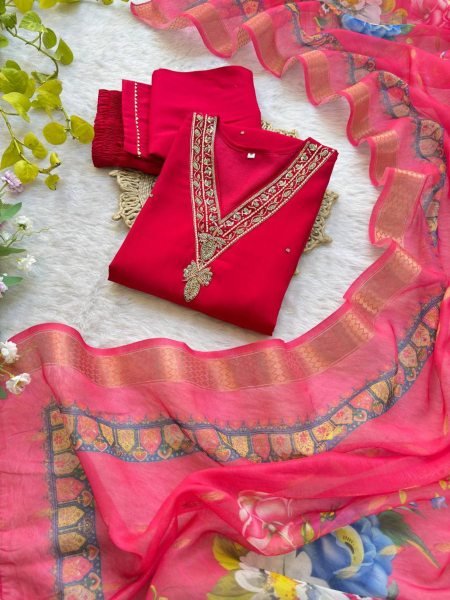Ready-to-Wear Roman Silk Kurti Set with Zari Dupatta & Matching Pant 3PC Ethnic Womens Wear for Online Shopping