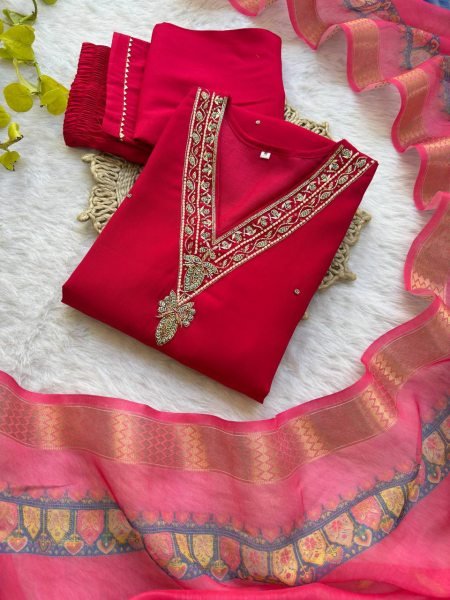 Ready-to-Wear Roman Silk Kurti Set with Zari Dupatta & Matching Pant 3PC Ethnic Womens Wear for Online Shopping 3 Piece Kurti Set