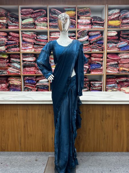 Ready to Wear Teal Jimmy Choo Organza Ruffle Saree Ready To Wear Saree 