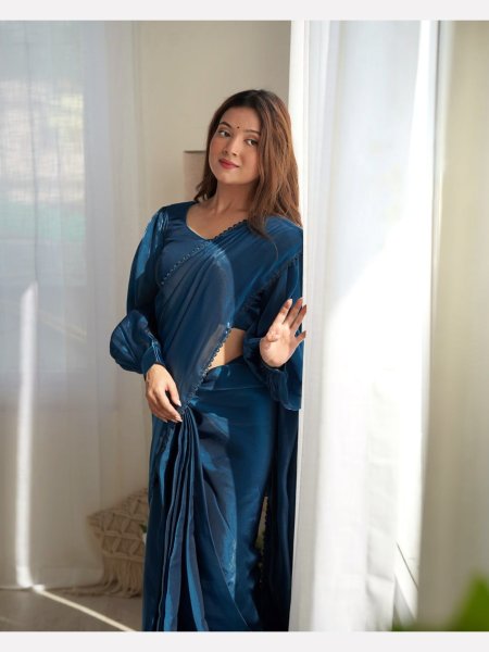 Ready to Wear Teal Jimmy Choo Organza Ruffle Saree Ready To Wear Saree 