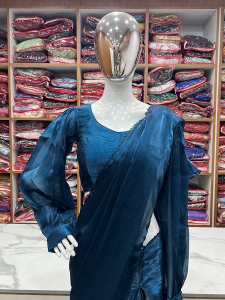 Ready to Wear Teal Jimmy Choo Organza Ruffle Saree Ready To Wear Saree 