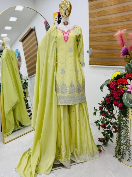 Ready To Wear White Embroidered Sharara Suit With Sequins Wholesale Ladies Suit Collection From Surat Manufacturers