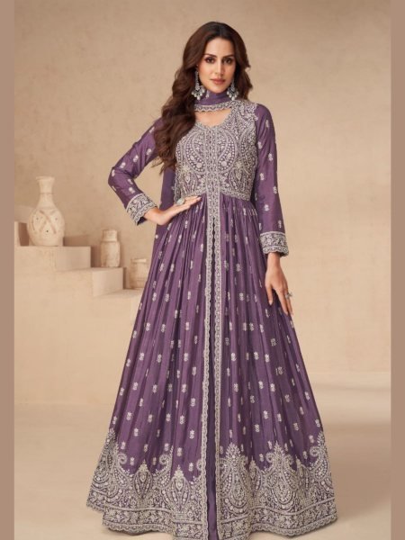Purple Heavy Chinon Silk Indo Western Suit with Embroidery & Dupatta Readymade Set at Wholesale Price 
